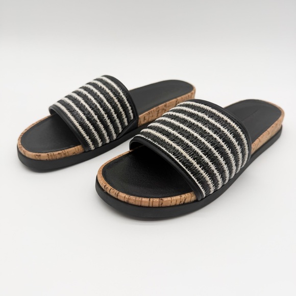 Lucky Brand Dylina Raffia Woven Slide Sandals Open Toe Striped Cork Black 10 NEW - Picture 2 of 14